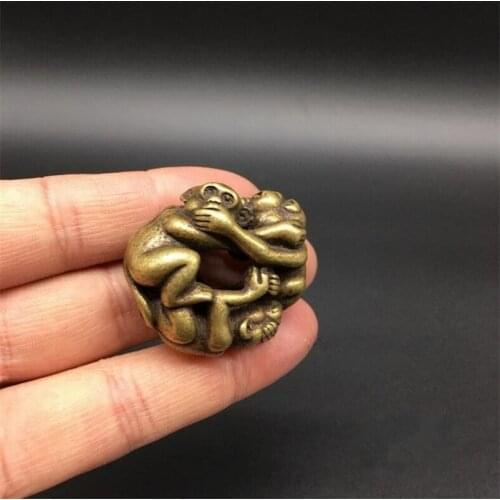 Copper Statue Collectable Chinese Brass Carved Animal Zodiac Monkey Three Monkeys Playing Acrobatics Exquisite Small Statue