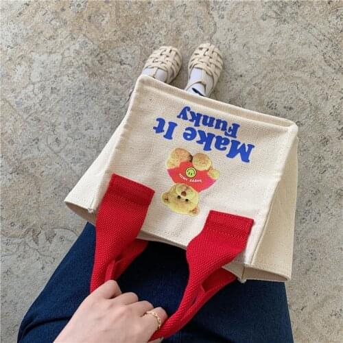 Korean Version of Cute Bear Print Mini Canvas Lunch Box Handbag Art Picnic Lunch Bag Fashion