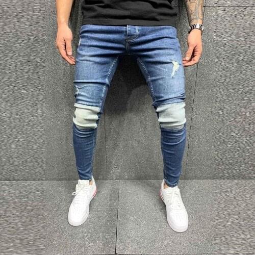 Fashion Men Hole Ripped Zipper High Waist Stretch Skinny Denim Pants Trousers Casual Skinny Jeans Pencil Pants Plus Size#35