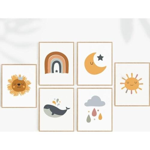 Cartoon Anima Sun Stars Posters and Prints Moon Rainbow Canvas Painting Kids Room Wall Art Decoration Picture Childrens Room Ar