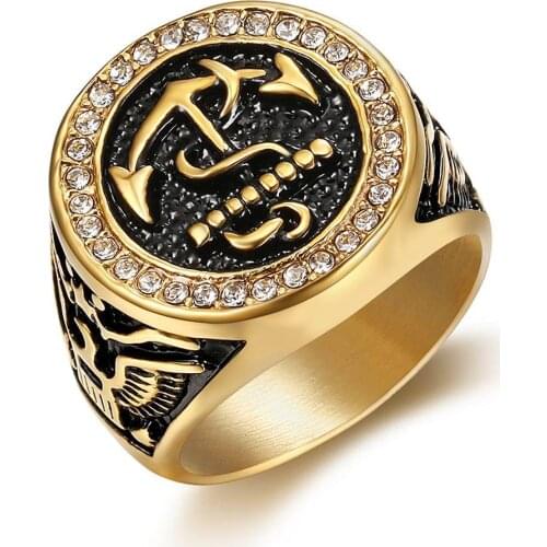 Gold color titanium zircon diamonds gemstones anchor rings for men stainless steel masculine cool finger band accessory jewelry