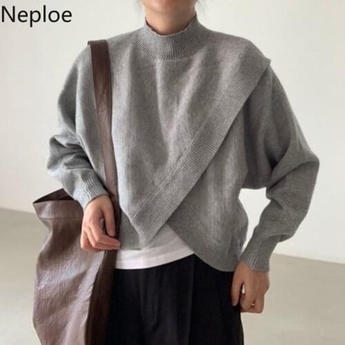 Neploe Fall 2021 Women Clothing Chic Half Turtleneck Knit Pullover Loose Irregular Korean Sweater Tops Short Casual Jumper Mujer