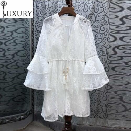 Autumn Luxury White 2020 Fashion Party Woman V-Neck Allover Exquisite Embroidery Flare Sleeve Drawstring Waist Dress Club