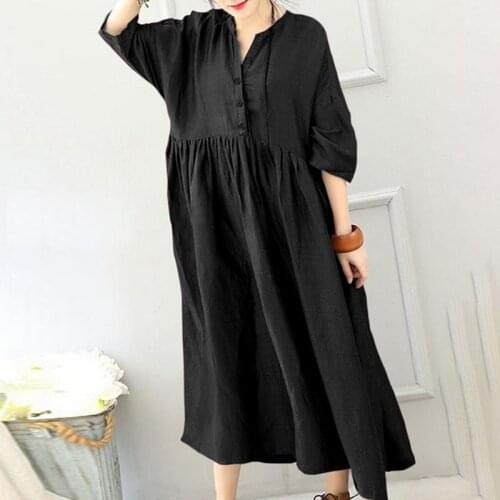 Cotton Linen Robe Female Dresses Elegant Plus Size Long Sleeve O Neck Maxi Kaftan Dress Casual Vintage Solid Vestidos