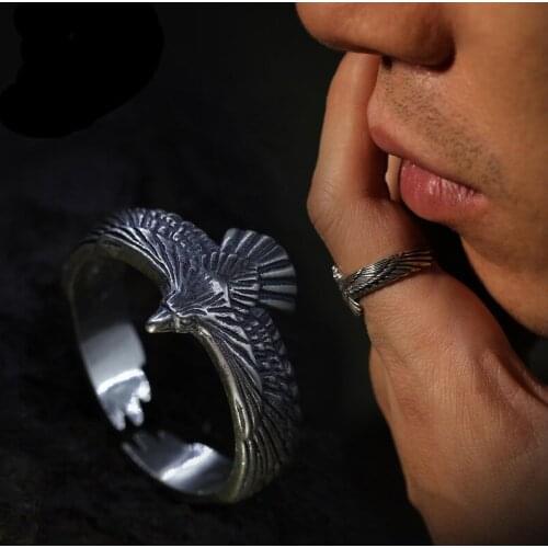 Retro Eagle Ring Thai Silver Feather Hawk Falcon adjustable Ring Trendy Personality Ring for Men Boys