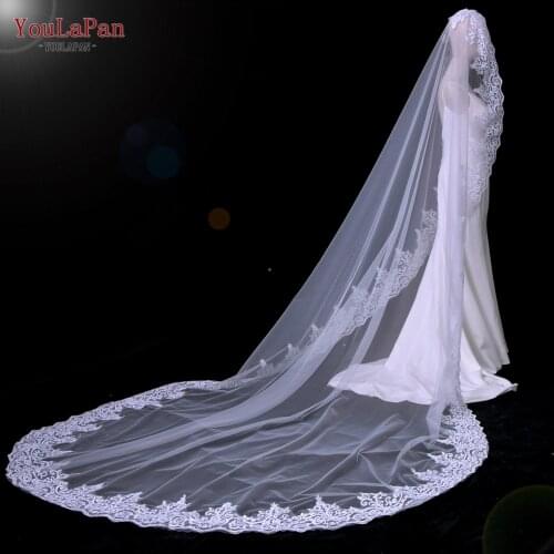 YouLaPan V68 Luxury Bride Veil Long Veil Face Vintage Bridal Veil with Lace Applique Wedding Cape with Comb Voile Silk Medine