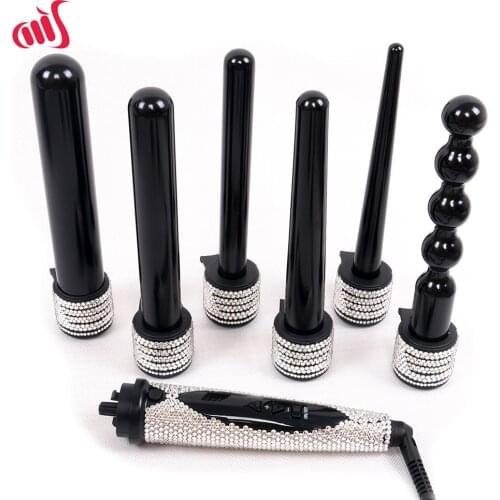 Crystal 6 IN 1 Hair Curling Iron Diamond Hair Curler Wand Set Ceramic 6 IN 1 Interchangeable Barrels Bling Hair Styling Hot Tool