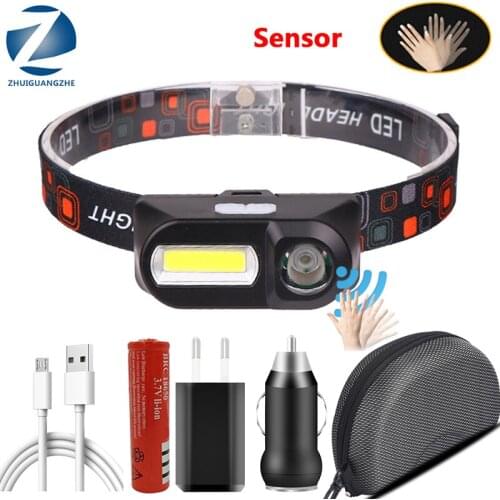 Sensor Function LED Headlight Headlamp Mini COB Head Lamp Flashlight USB Rechargeable 18650 Torch Night running headlights Light