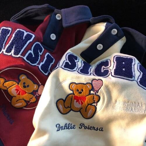 Patchwork Chic Bear Embroidery POLO Collar Sweatshirt Kawaii Clothes Long Sleeve Tops Goth Streetwear Fashion Harajuku Couples