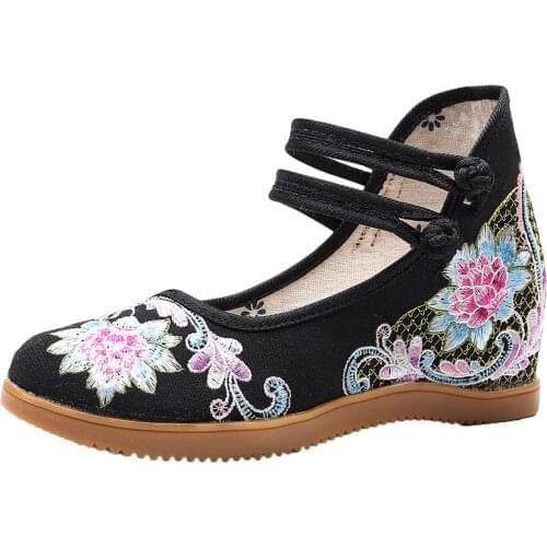 Vintage Ladies Hidden Platform Canvas Sneakers Chinese Flower Embroidery Women Casual Comfortable Denim Cotton Shoes High Top