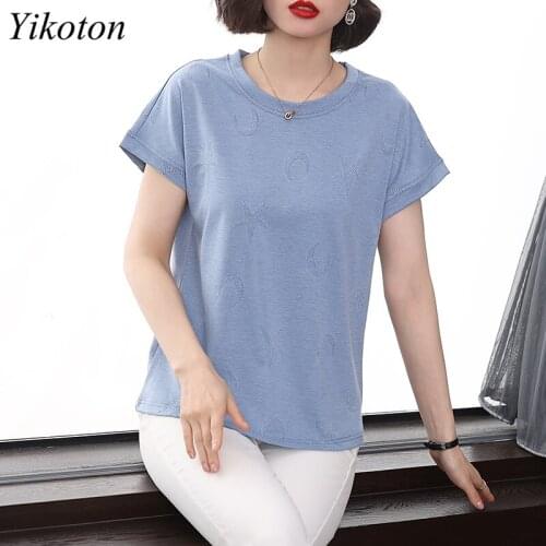 T-Shirt Womens Clothing 2021 Summer New Ladies Cotton O-Neck Short Sleeve Embroidered Star Shirt Loose Plus Size Korean Tee Top