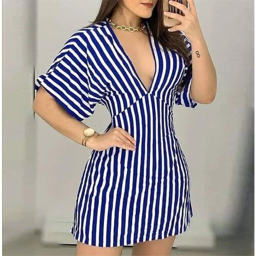 Womens Deep V-neck Short Sleeve Striped One-piece Short Skirt European and American Sexy Short Skirt