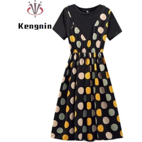 Fake Two Piece Womens Dresses 2021 Summer European Style Lady Dresses Vestidos Dot Print Patchwork Oversize Black Dress KE1517