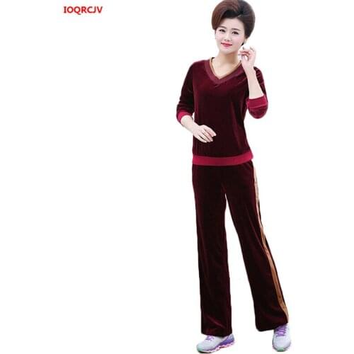 Autumn 2 Piece Set Gold Velvet Women Embroidery Sportswear Suit Large Size Casual Tops+Long Pants Running Sporting Set W853
