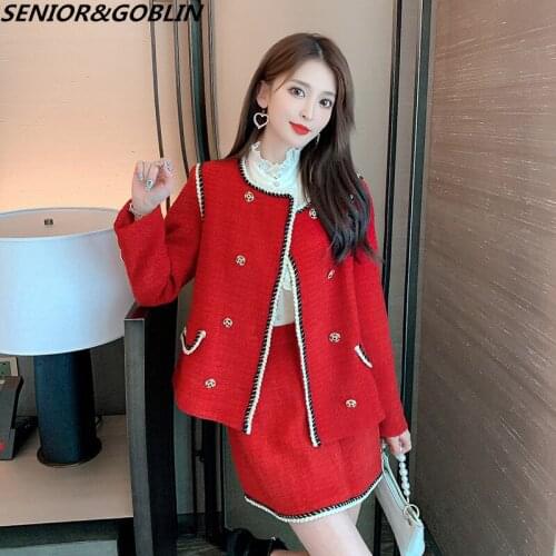 New Arrival 2021 Brand Spring Autumn Fashion Women Suits Double-breasted JACKET & COAT+Sexy Tweed Mini Skirt 2 Pieces Set