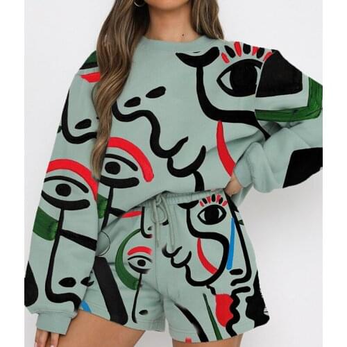 New Hip Hop Graffiti Eyes Oversized Sweatshirt Two Piece Sets Women Casual Long Sleeve Tops+sweatpant Goth Streetwear Tracksuits