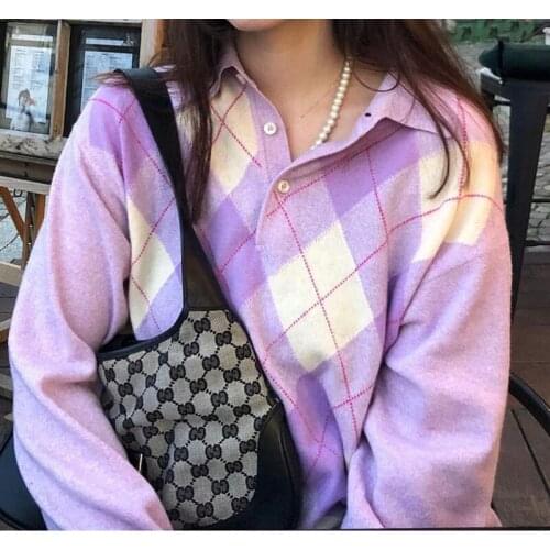 B-TOTO American Retro Light Purple Rhombus Polo Collar Sweater Womens Trendy Ins Thin Top 2021 New Fashion