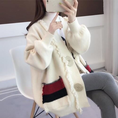 Spring Autumn Sweater Women Loose Plus Size Knitted Cardigan Coat Tassel Jacket V-Neck Lantern Sleeve Windbreaker Outerwear