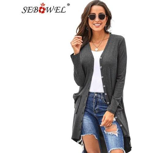 SEBOWEL Female Pure Color Autumn Long Style High Low Knitted Cardigans Womans Sweaters Coats Button Pocketed 2019 Spring S-XXL