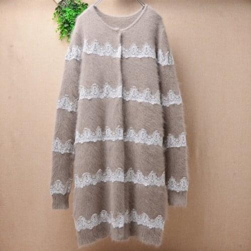 Top mujer women vintage flower hairy angora rabbit hair lace striped slim sweater cardigans angora fur knitted jacket coat pull