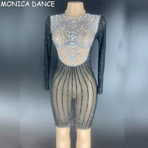 Women Sexy Stage Silver Black Rhinestones Transparent Dress Long Sleeves Bar Women Dancer Show Dress Birthday Outfit Dress