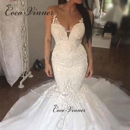 Sexy Illusion V neck Dubai Mermaid Wedding Dress 2021 Lace Appliques on Tulle With Crystal Beading Train Wedding dresses W0695