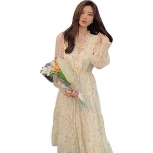 2021V-neck Elegant Sweet Dress Women Long Sleeve Chiffon Floral Party Beach Dress for Females Korean Style Summer Chic Dress