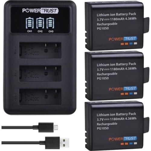 3Pcs 1180mAh PG1050 Battery +LED 3Slots USB Charger For SJCAM SJ4000 M10 SJ5000 SJ5000X For EKEN H9 H9R H8R H8 GIT PG900