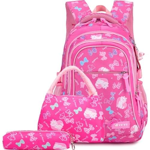 3Pcs Per Set Pink Bow Print Girl School Backpack Large Capacity Nylon Waterproof School Bags for Girl Lovely Girl Shoulder Bag