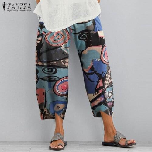 ZANZEA Summer Bohemian Floral Printed Pants Women Elastic Waist Cotton Linen Pantalon Casual Loose Harem Pants Turnip Trousers