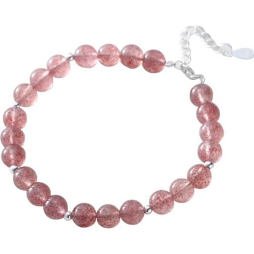 925 Sterling Silver 7mm Beads Natural Strawberry Quartz Pink Crystal Semi-precious Gemstone Women Beaded Bracelets For Girls