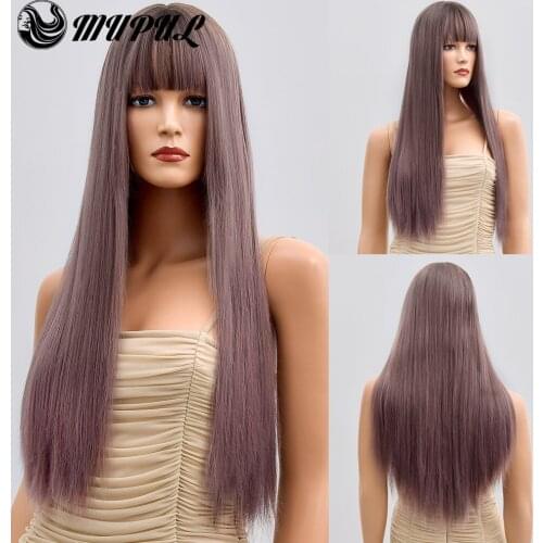 Brown Ombre Long Straight Cosplay Synthetic Wigs For White Women With Bangs Nutural Heat Resistant Fiber Hair Daily Party wig