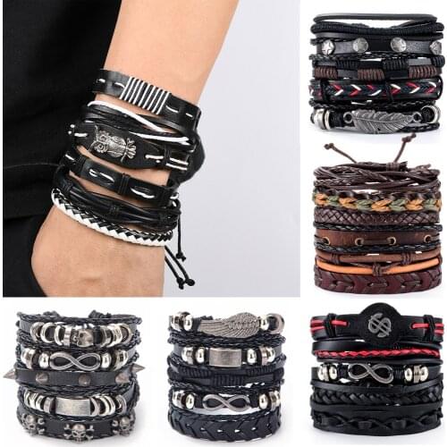 Eif Dock Vintage Charms Multi-layer Owl Leather Bracelet Men Stackable Rope Chain Wrap Arm Bracelet Set Male Jewelry 2021 Hot