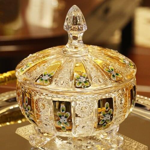 Europe Enamel candy jar luxury Gold-plated crystal candy jar with cover glass Snack storage tank glass Container home decorate