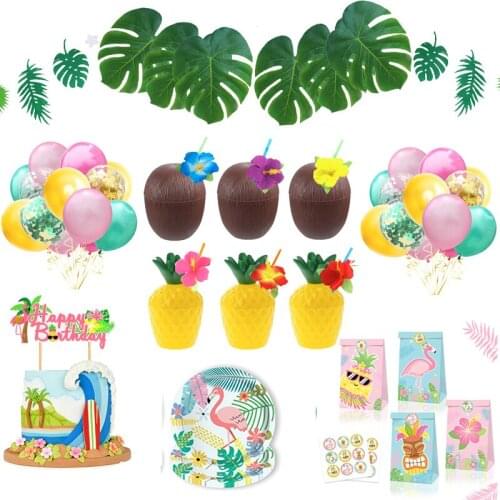 Hawaii Party Decorations Set Pineapple Cups Conut Cups Palm Leaves Ballons Birthday Party Decoration Flamingo Candy Gift Bags