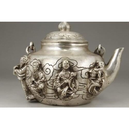 Exquisite Chinese Old White Copper Handmade Eight Immortals (in the legend) Teapot