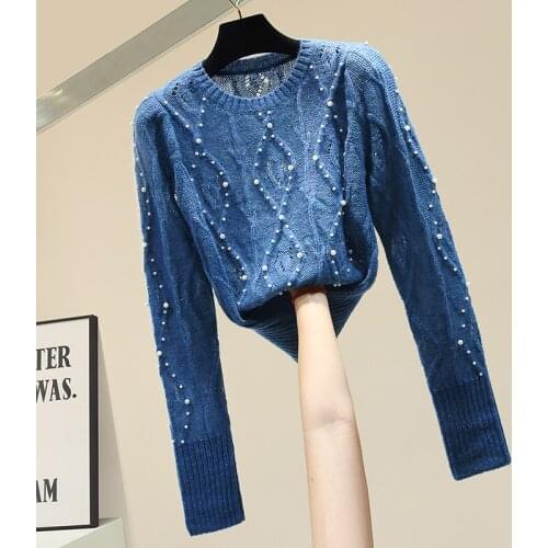 Short Beaded Long Sleeve Pullovers Top Womens Sweater 2020 New Fall Winter Clothes Black Knitting Shirt Girl Students Sweaters