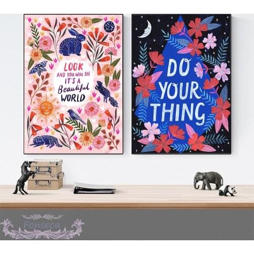 Beautiful World Do Your Thing Posters and Prints Sun Moon Flower Animals Canvas Painting Motivational Quotes Wall Art Pictures