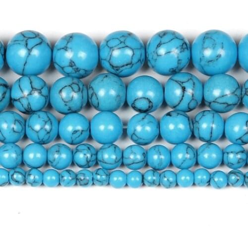 Natural Stone Blue Cracked Veins Turquoises Charm Round Loose Beads For Jewelry Making Needlework Bracelet DIY Strand 4-12 MM