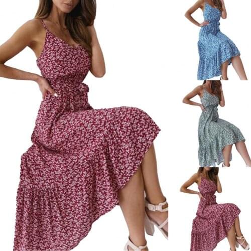 Fashion Women Dress Spaghetti Straps Large Hem Floral Print Backless Waist Tight Maxi Dress for Party