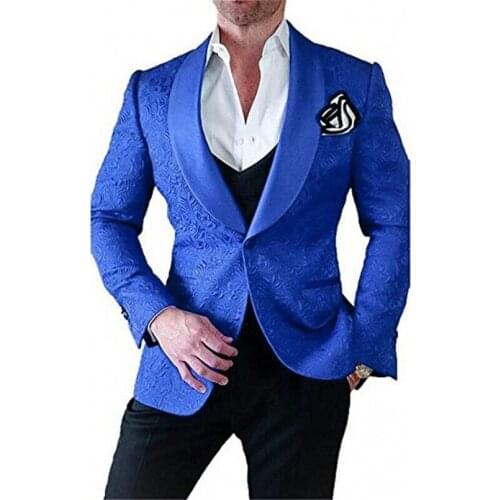 Men Suits Royal Blue and Black Groom Tuxedos Shawl Satin Lapel Groomsmen Wedding Best Man ( Jacket+Pants+Vest+Tie ) C942
