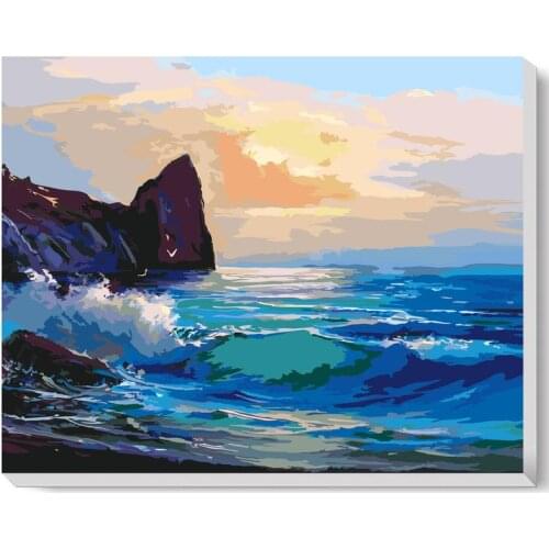 Blue Ocean Waves DIY Paint By Numbers Kit for Adults, Coastal Style Oil Painting Framed Canvas Wall Art, Epic Landscape Seascape