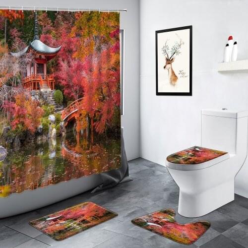 Garden Landscape Shower Curtain Pavilion Red Maple Arch Bridge Cherry Blossom Scenery Bathroom Rug Toilet Non-slip Bath Mats Set