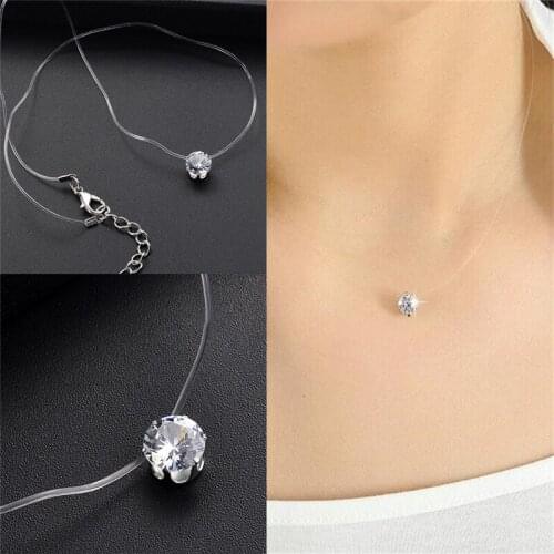 Invisible Transparent Fishing Line Link Chain Zircon Pendant Choker Necklace