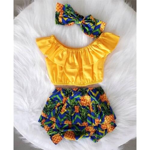PUDCOCO Infant Baby Girls Ruffle Top + Pineapple Print Shorts + Headband Pants Summer Clothes 1-6T