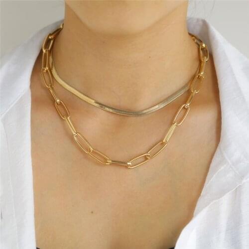 2 Pcs/Set Gothic Punk Choker Necklace Collar Statement Women Gold Color Multilayer Thick Chain Chunky Necklace Steampunk Jewelry