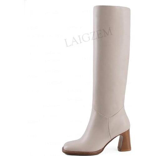 LAIGZEM Women Knee Boots Faux Leather Cork Print Chunky Heels Sloutch Boots Ladies Dress Black Beige Shoes Woman Size 38 39 40