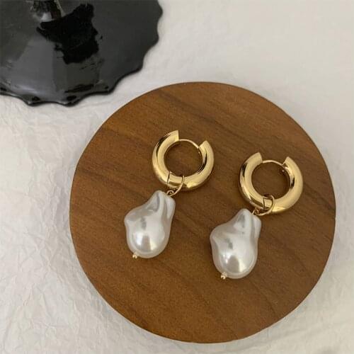 Titanium With 18 K Gold Geo Faux Baroque Pearl Drop Earrings Punk Party Gown Runway rare Boucle Korean Japan INS Boho Top