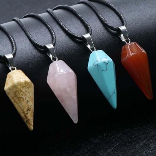 Hexagonal Pointed Stone Pendant with PU Cord Crystal Balance Healing Necklace Cone Shape Stone Reiki Jewelry