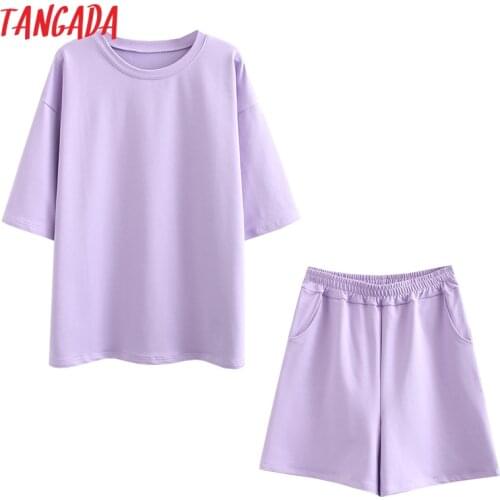 Tangada 2021 Summer Soft Cotton Tracksuits Unisex Two Piece Set O-neck T Shirt and Pocket Shorts Plus Size 6L30-2